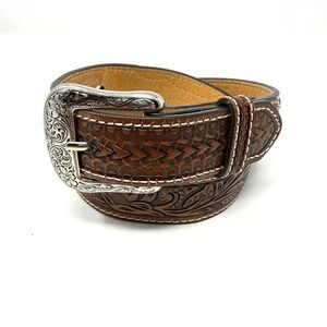 Cody James Tooled Leather Western Belt Floral Basketweave Brown Size 26